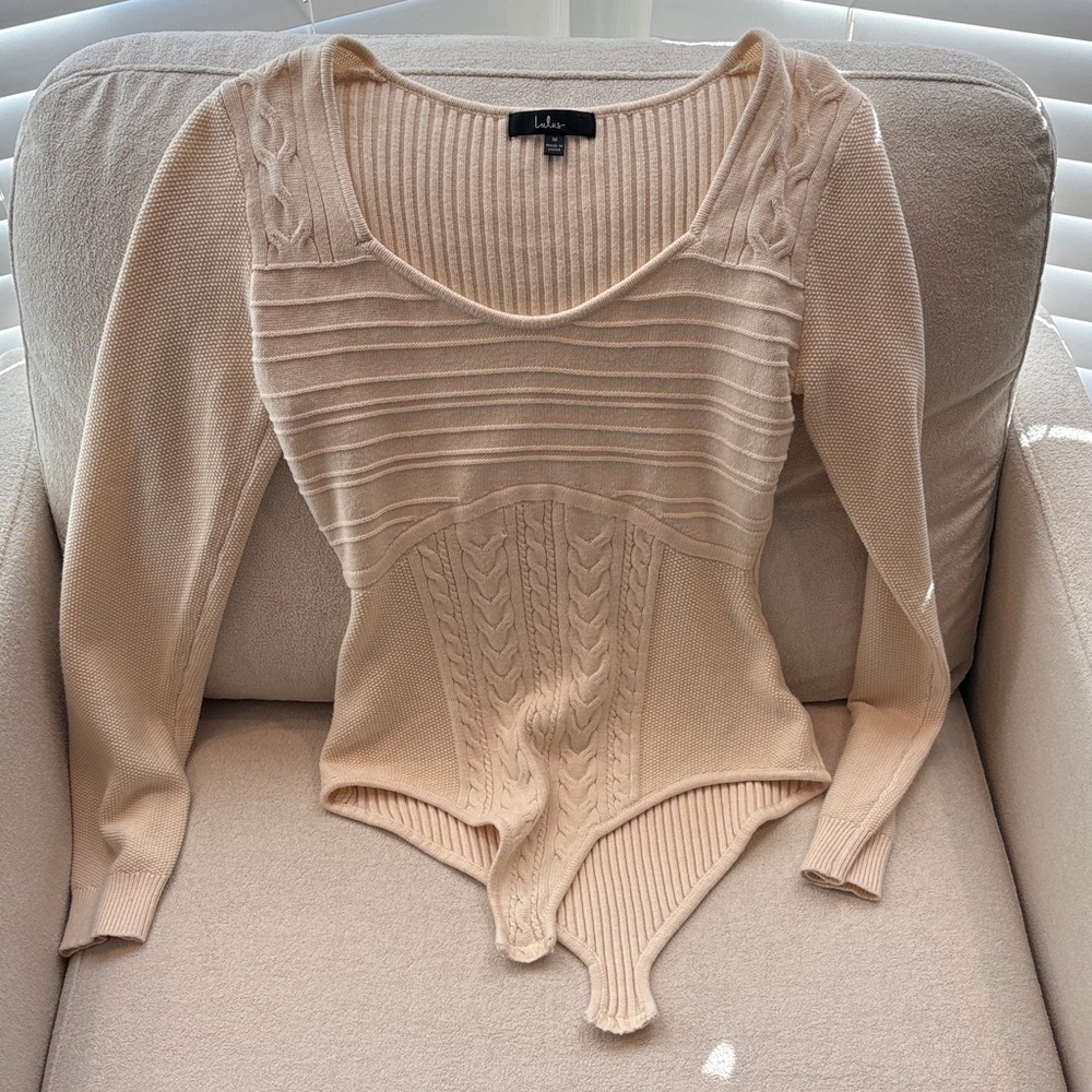 Lulu's Beige Cable Knit Bodysuit